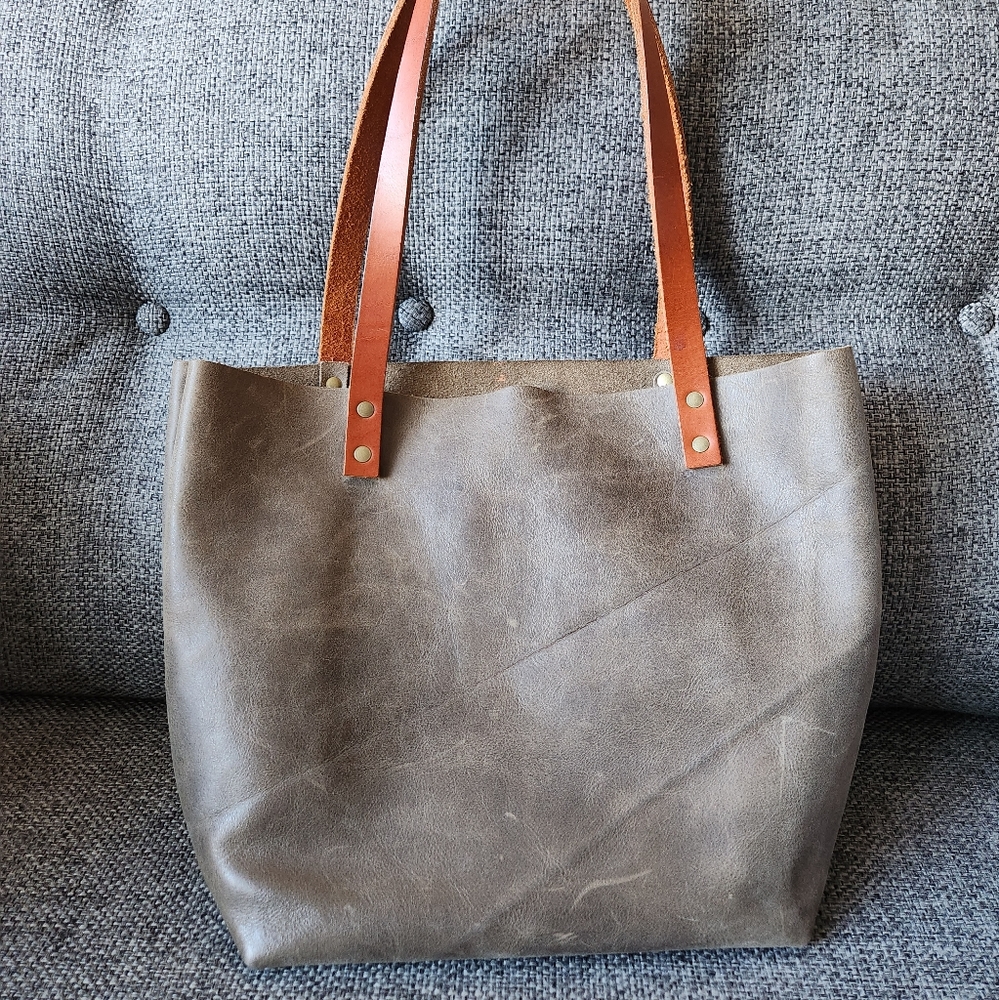 EUC Portland Leather Goods Medium Gray Tote with Tan Handles